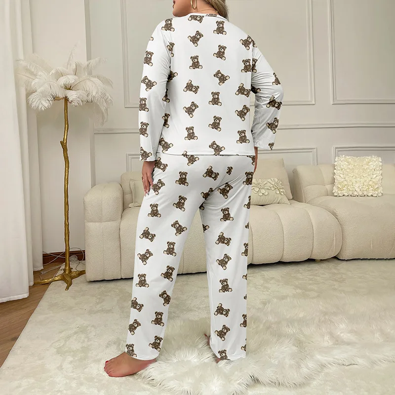 Autumn Women\'s Oversized Pyjama Set Crewneck Sweatshirt& Trousers Suit Bear Print Sleepwear Long-sleeved Nighties Loungewear 5XL