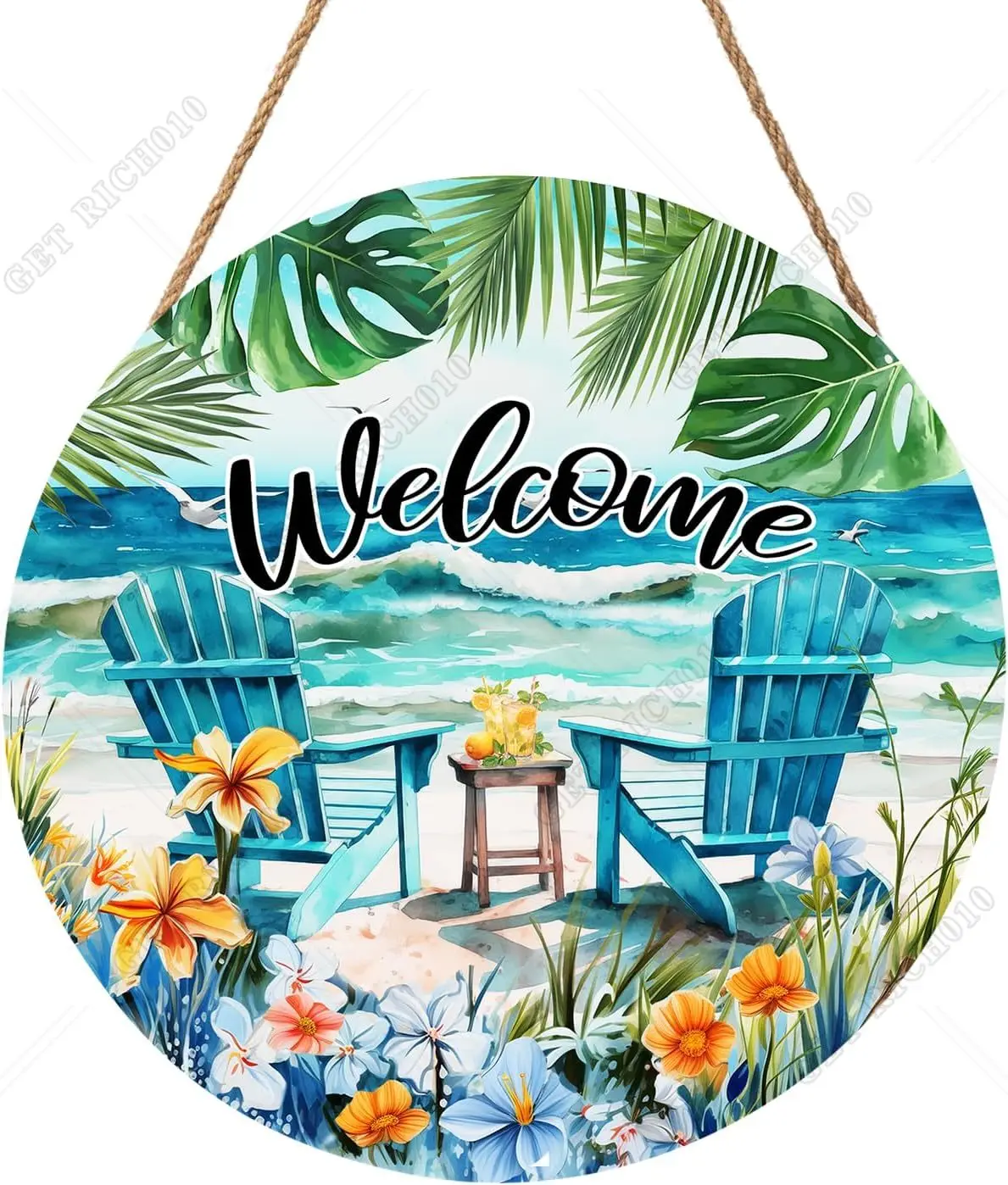 Welcome Summer Sea Chair Front Door Sign 12 X 12 Inches Summer Door Hanger Wall Pediment Round Wooden Beach Wreaths