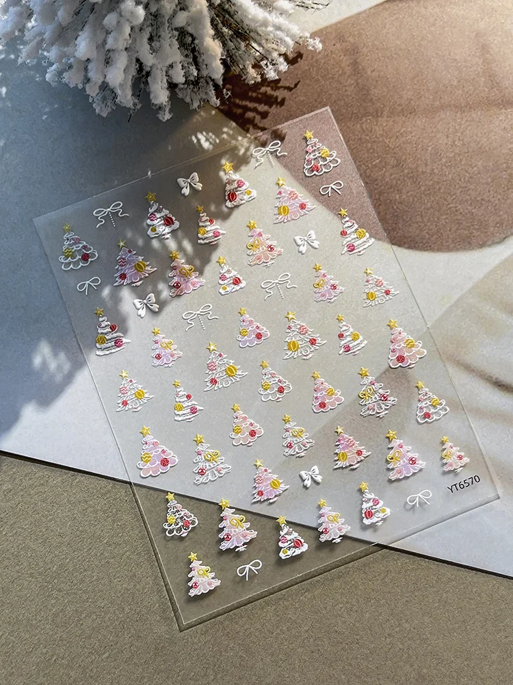 สติกเกอร์ติดเล็บลายต้นคริสต์มาสสีชมพู/ฟ้า/เขียว ลายนูน สำหรับตกแต่งเล็บ งานปาร์ตี้คริสต์มาส เครื่องประดับตกแต่งเล็บ