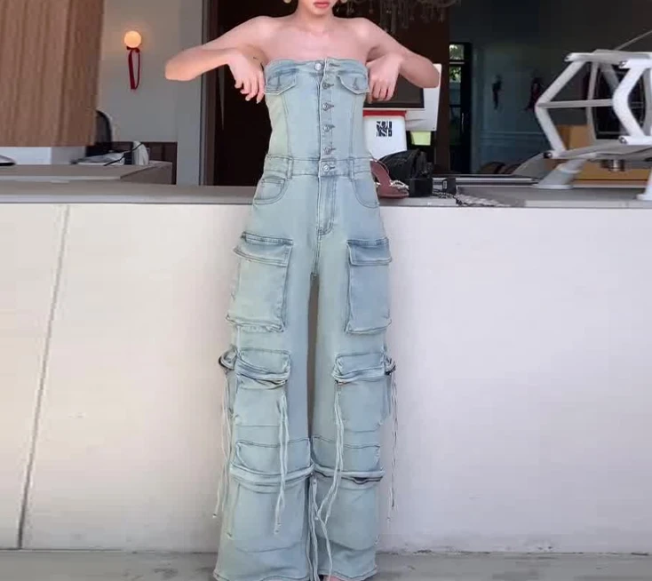 Sweet and spicy American retro workwear denim strapless jumpsuit women's spring and summer fashion denim long jumpsuit