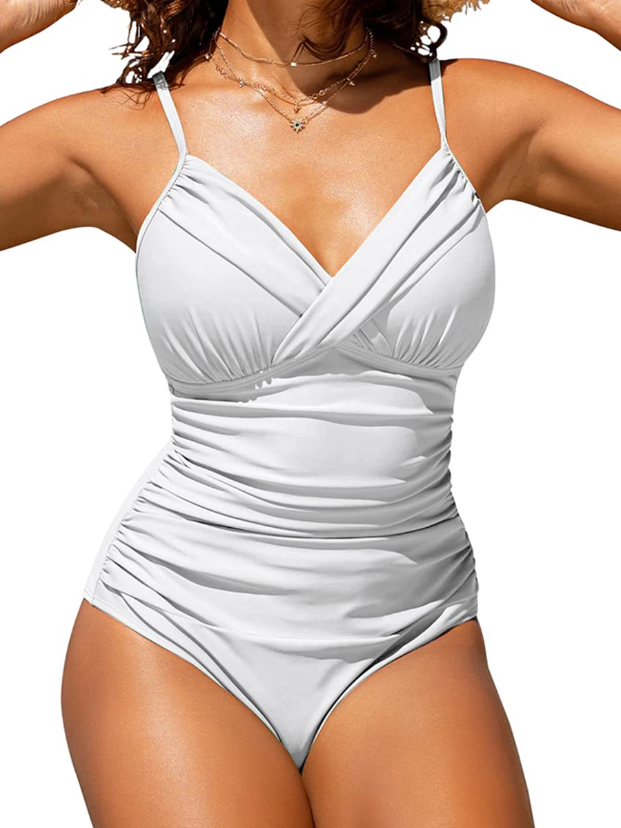 2025 Women Sports Pleated Bodysuit Summer Bather Bathing Push Up Solid Swimwear Female Swimming Beach Shoulder Strap Monokini image 3