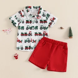 Little Boy Christmas Outfit, Tractor Print Short Sleeve Button Down Shirt Elastic Shorts with Pockets 2 Piece Set