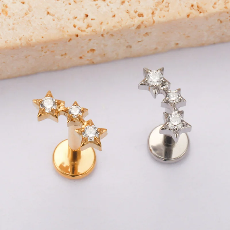 ZOOR ASTM F136 Titanium Triple Star Cluster Cartilage Earring 16G 18G Flat Back Labret Stud New Tragus Helix Piercing Jewelry