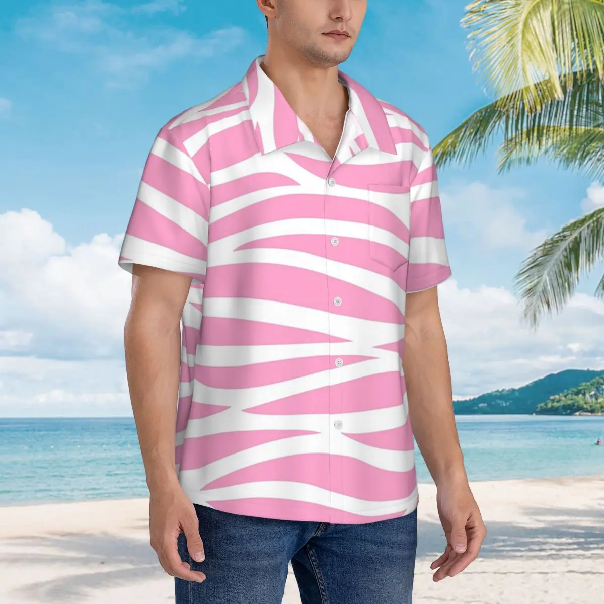 

Zebra Pattern Pink Zebra Stripes Hawaiian Shirts Fashion Men Short Sleeve Shirt for Summer Beach Men's Button Tops