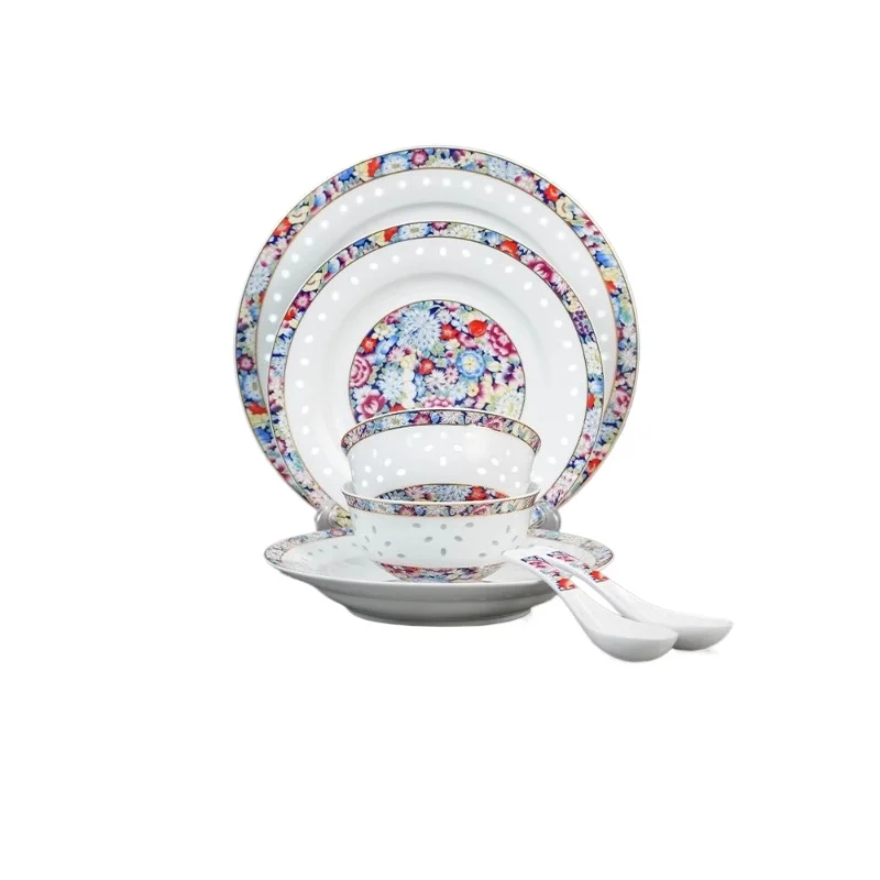 

Ceramic Wanhua Enamel Color Chinese Rice Bowl Soup Plate Noodle Bowl Household Tableware Set Gift Box