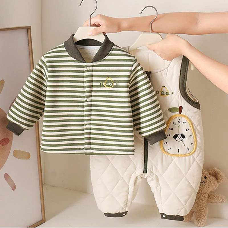 Baby- und Kleinkinder-Herbst-/Winterkleidung, Neugeborenen-Set, verdicktes separates Set, gestreifter Sweatshirt für Jungen, super süßer, gesteppter Overall – Detail 4