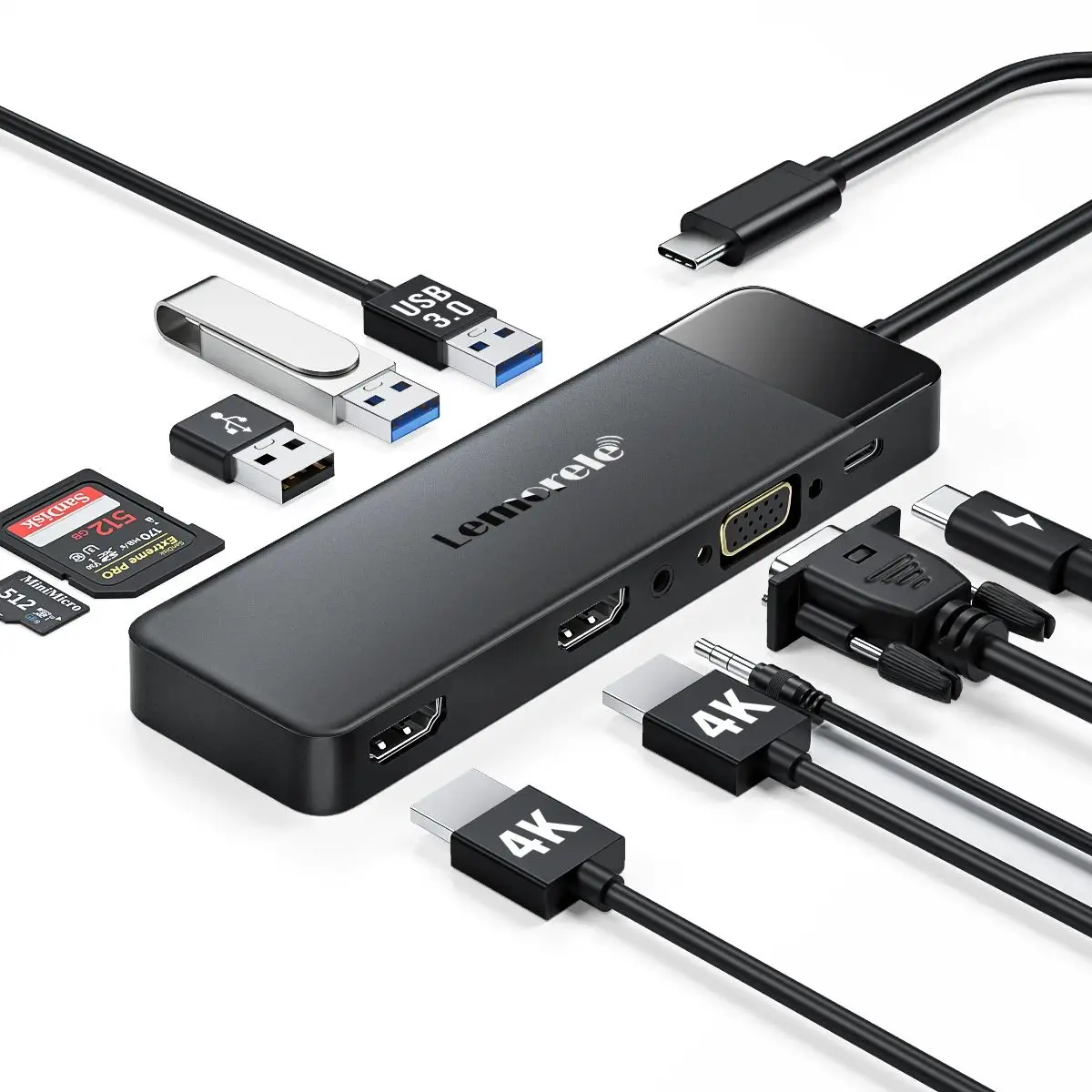 Lemorele USB-C HUB Dual HDMI Docking Station 4K30Hz Type-C HUB USB 3.0 High Speed 5Gbps PD 100W SD TF Dla MacBooka i Windowsa — zdjęcie produktu 7