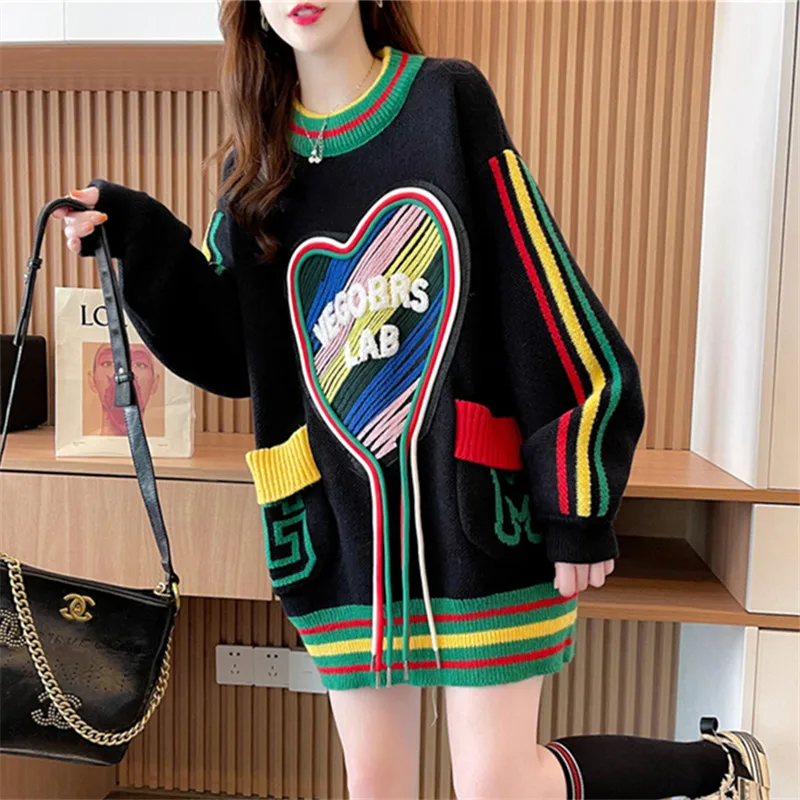 Spliced Knitted Sweater Women Pocket Fashion Letter Ribbon O-Neck Pullovers Loose Tops Female Autumn Winter Thick Warm Sweaters