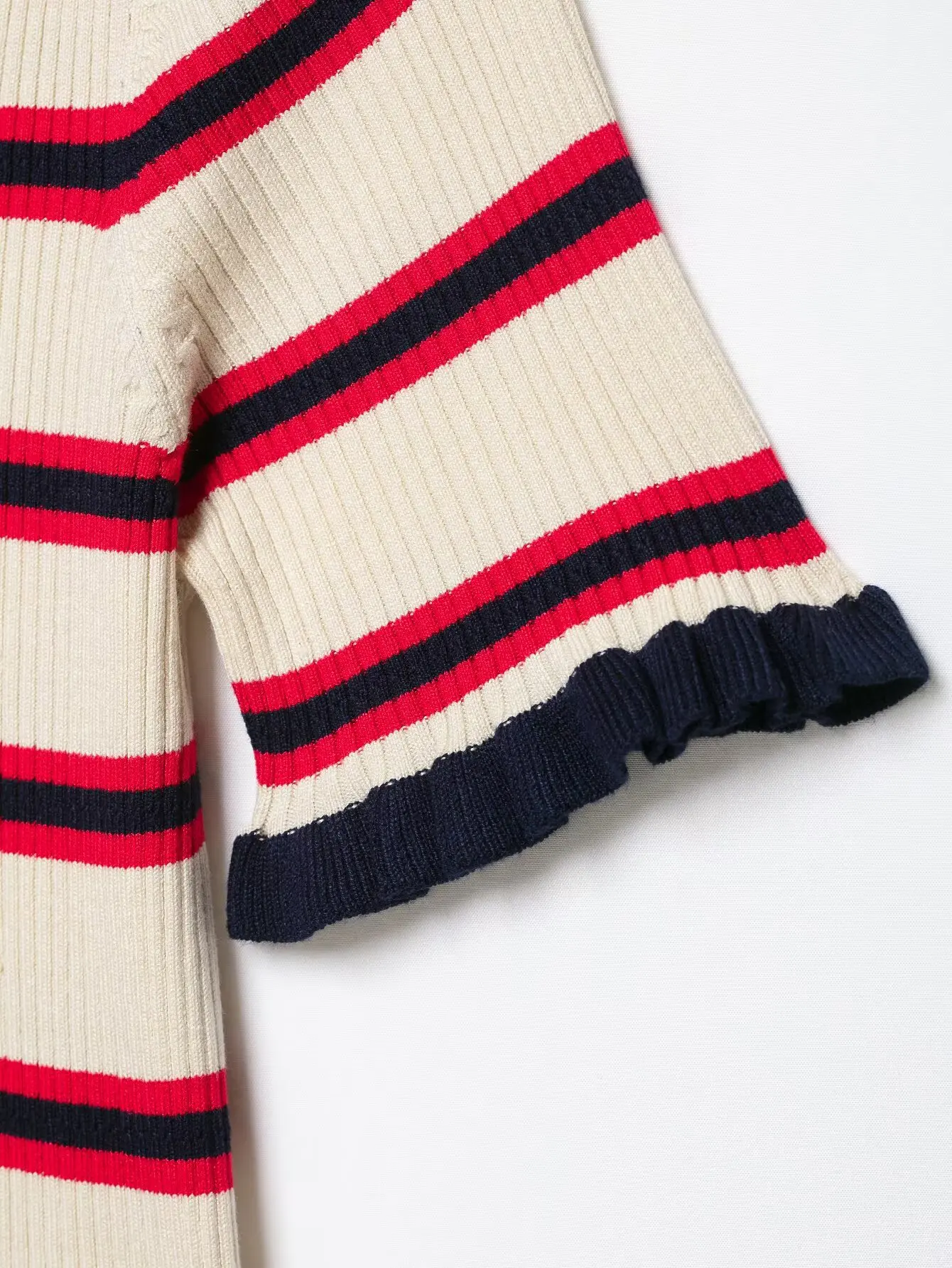 BSAY Neuer Preppy-Style Gestreifter Strickpullover für Damen Kontrast-Kragen Kurzarm Rüschenkante Knopfleiste Slim Fit Sommer Strickbluse – Detail 6