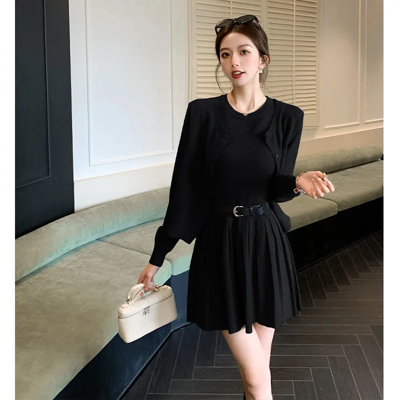 2024 Autumn Winter Knit Vintage 2 Piece Sets Woman Grey Pleated Design Casual Dresses + Loose Chic Coat Female Harajuku Clothes