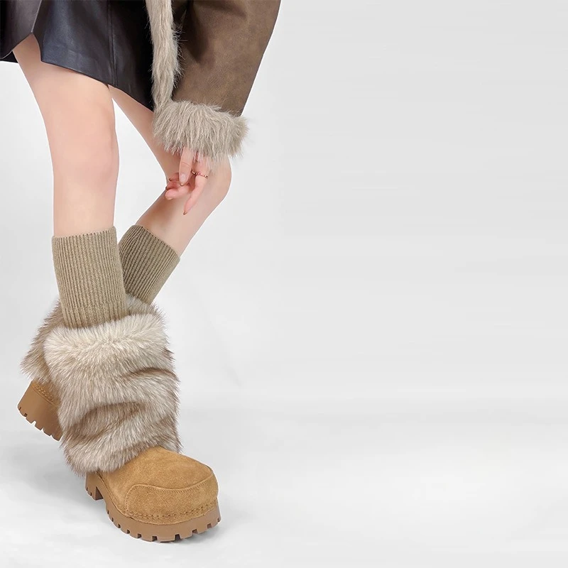 Y2k Knitted Patchwork Fur Leg Warmers Stacked Socks Color Leg Covers Harajuku Thickened Mid-Calf Sock Plush Boot Covers