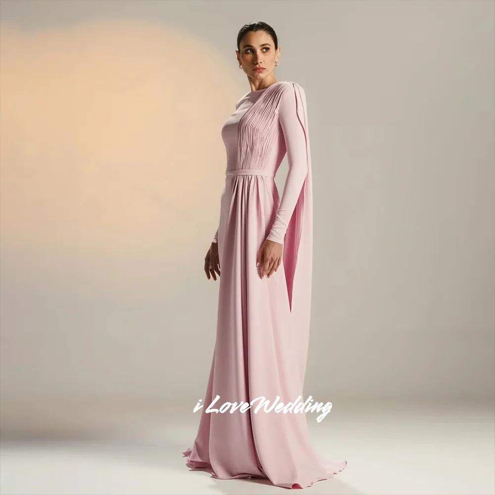 Pink O-Neck Prom Dresses Satin Long Sleeve Shawl A-Line Floor-Length Pleated Modern Saudi Arabia Dubai Evening Dress Customized