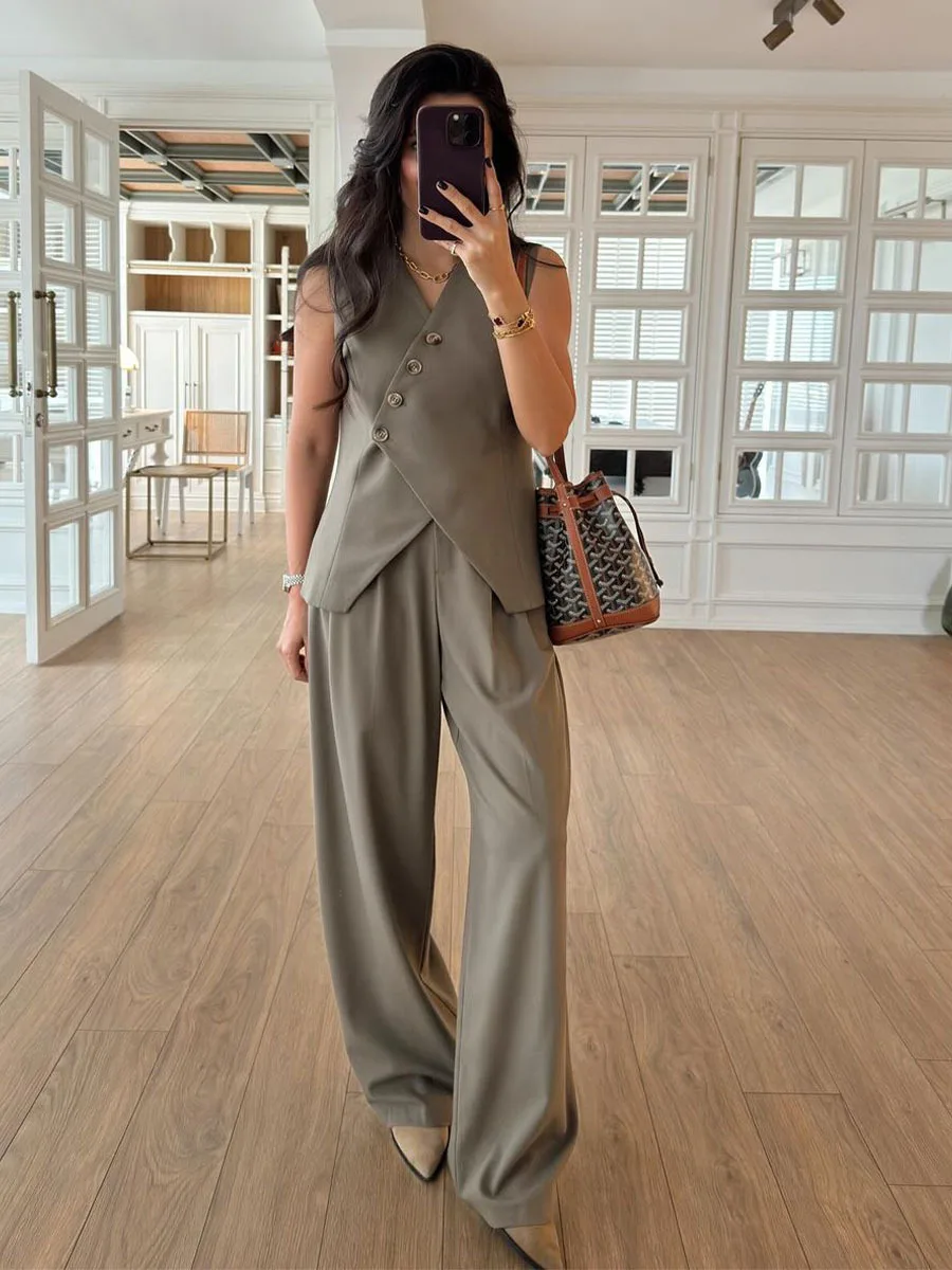 

Summer Suit Pants Two Piece Set Spring Women Sleeveless V Neck Diagonal Button Vest+High Waist Wide Leg Trousers Female Outfit
