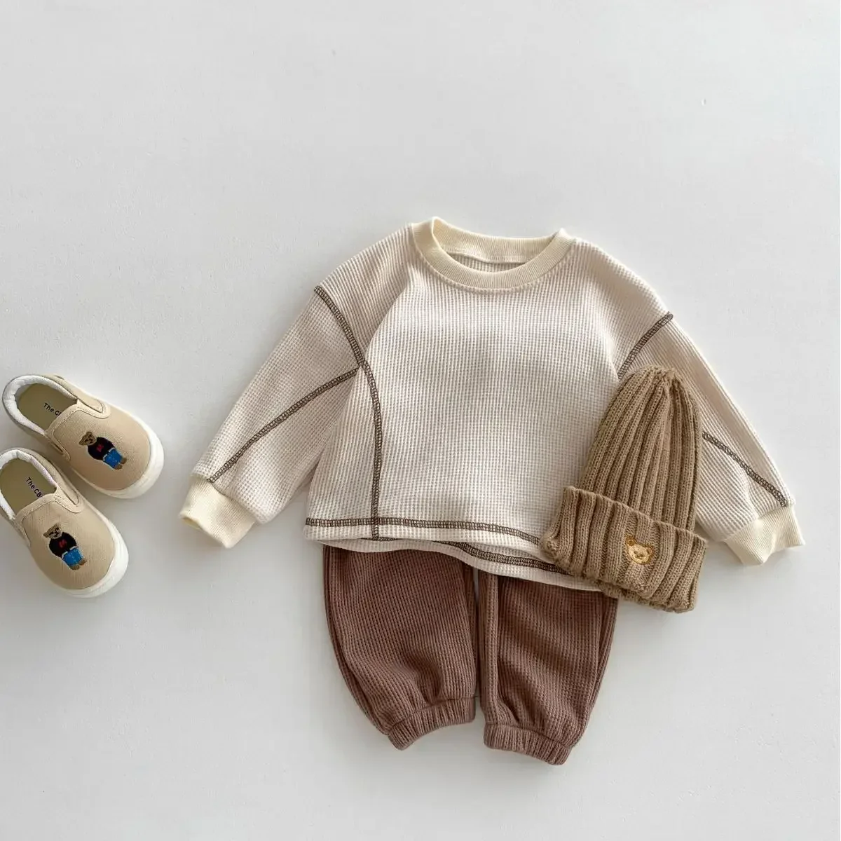 Korean children's clothing 2023 Autumn casual loose Waffle suit for boys and girls Long sleeved T-shirt Baby pants image 4