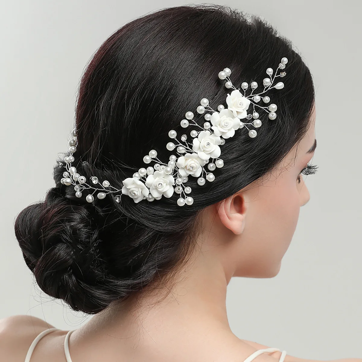 1Pc Flower Bride Wedding Hair Vine Pearl Bridal Hair Piece Leaf Hair Accessories Rhinestone Headband for Women and Girls