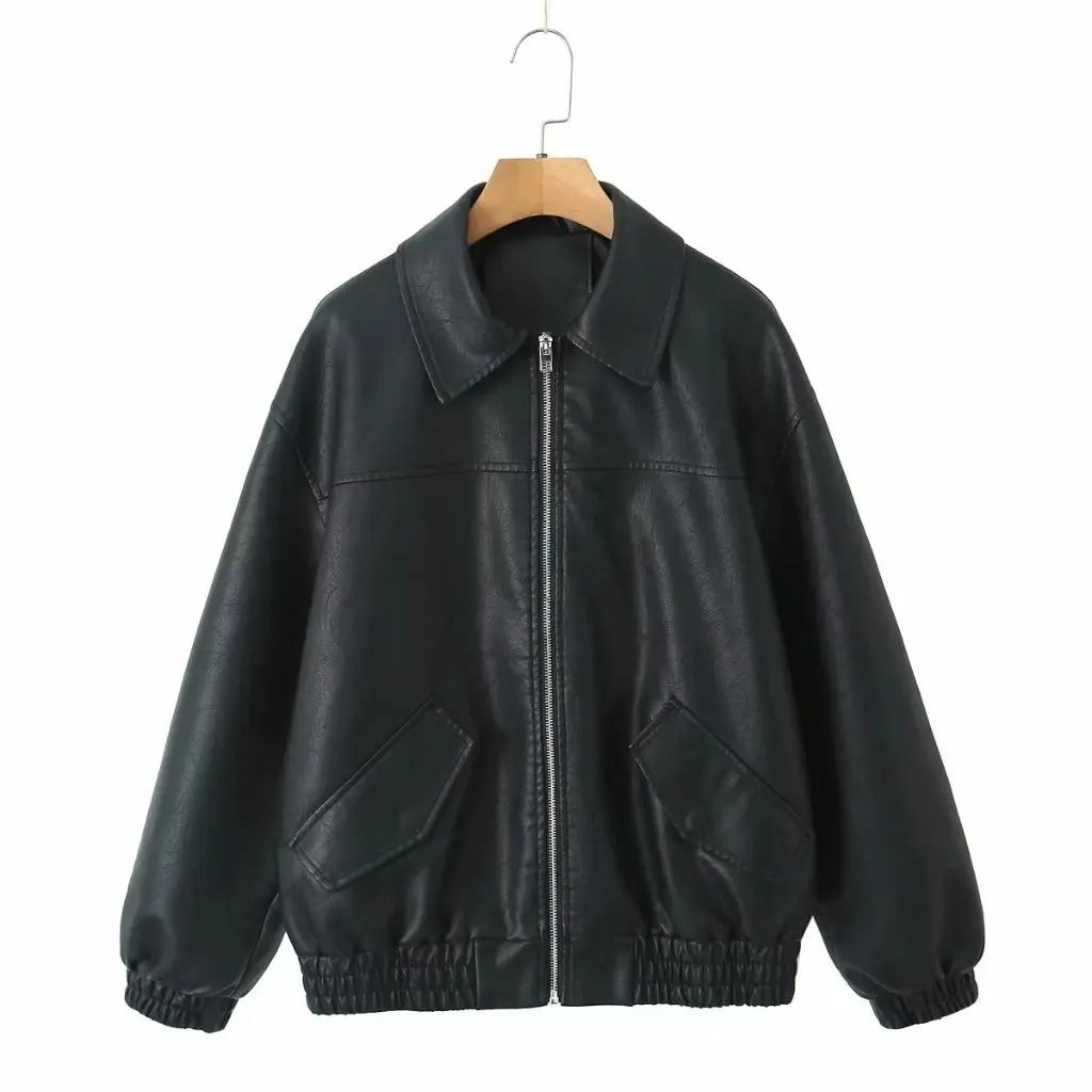 Jaqueta de couro grande feminina outono retro estilo americano high-end rua-frito estilo hong kong couro do plutônio bonito outerwear