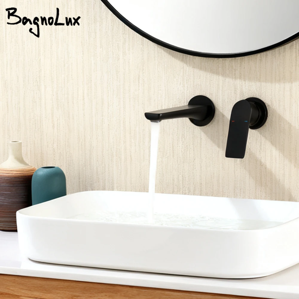 

Basin Faucet Bathroom Mixer Sink Tap Wall Mounted Brass With Single Handle Hot Cold Water Set Matte black Bathroom Faucets
