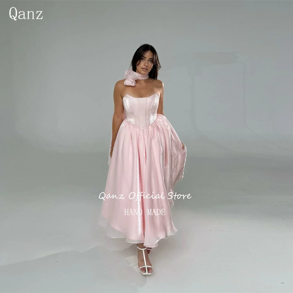 

Qanz Pink Organza Evening Dresses A Line Ankle Length Elegant Women Vestidos De Fiesta Backless Birthday Party Gown Customized