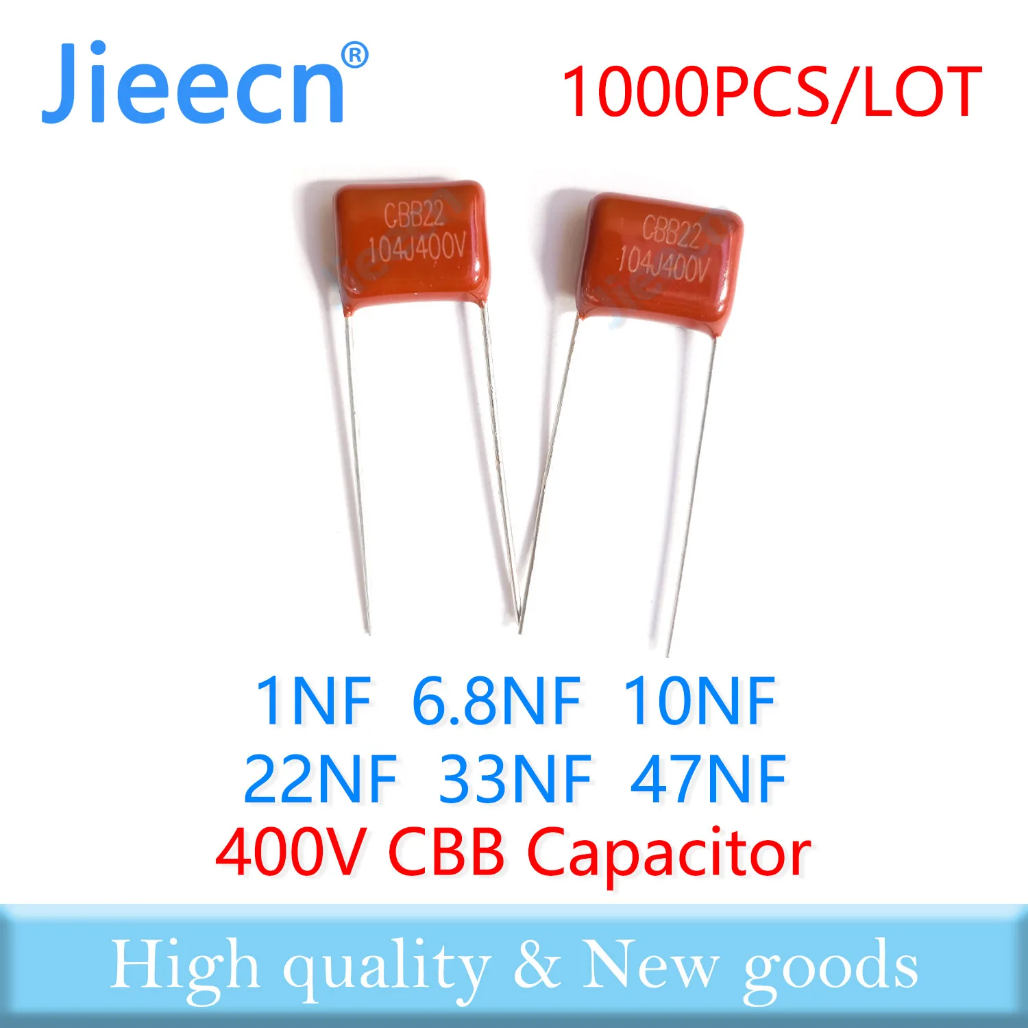 

Jieecn 1000PCS 400V 7.5MM 10MM 1NF 6.8NF 10NF 22NF 33NF 47NF 102J 682J 103J 223J 333J 473J CBB Polypropylene Film Capacitor