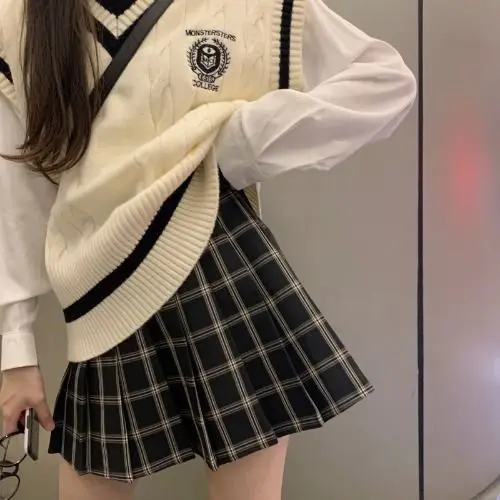 Zomer Herfst Nieuw Tweedelig College Stijl Dames Koreaanse Lente Nieuw Shirt + Vest Trui + Geplooide Rok Student Koreaans Uniform