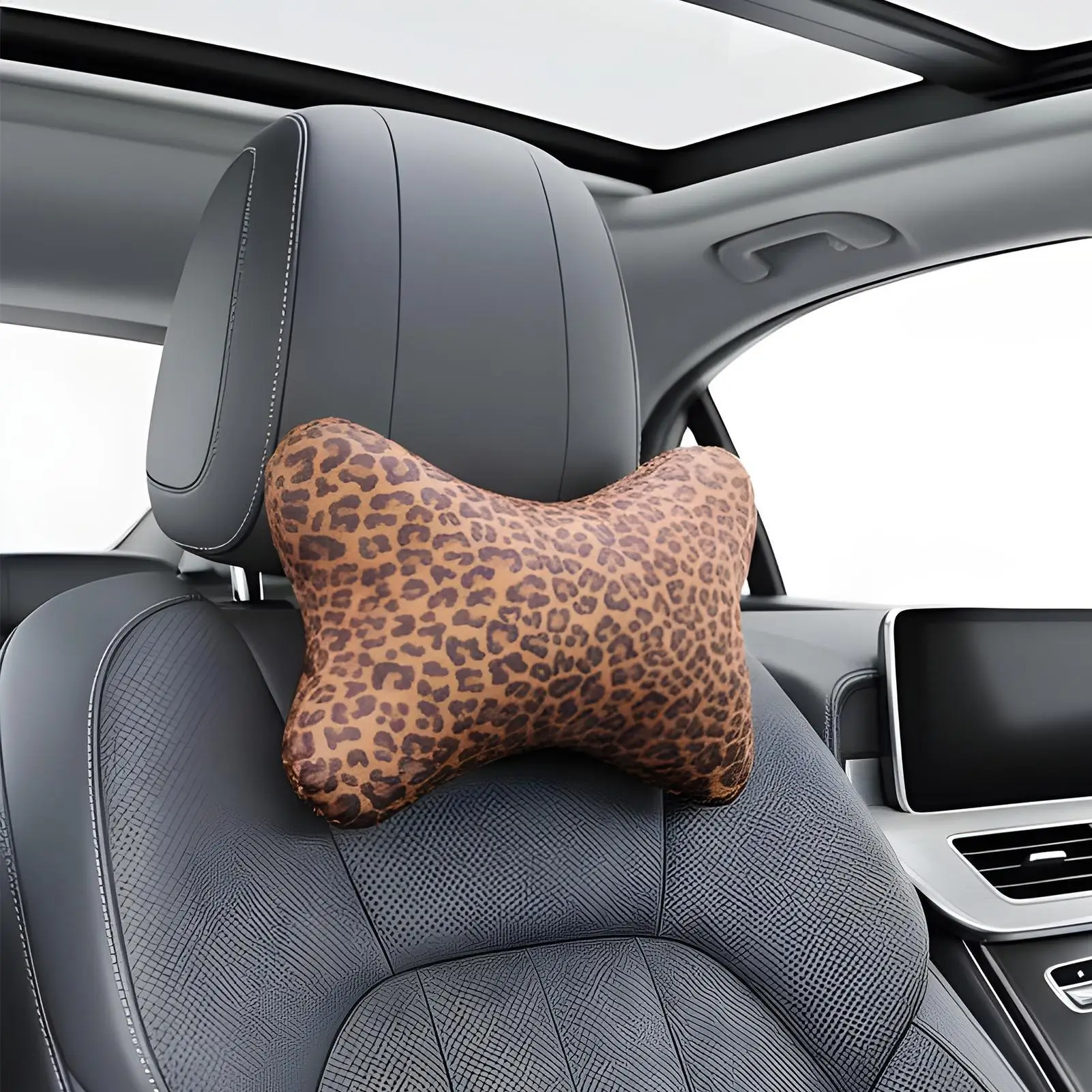 Neck Pillow For Car 2 Pieces Breathable Vehicle Cushion Leopard Print Car Neck Support Pillow With Adjustable Strap For Adults