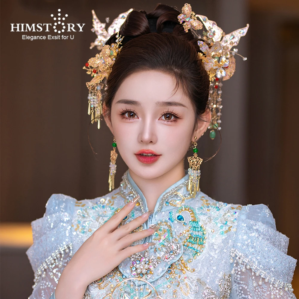 

HIMSTORY Chinese Style Wedding Phoenix Hairpin Crystal Han Costume Ancient Headdress Bride Xiuhe Hairwear Ornament