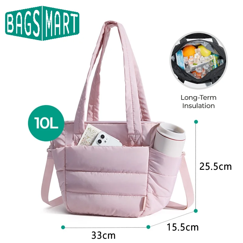 

BAGSMART Lunch Bag Small Insulated Tote with Lunch Compartment Quilted Lightweight Puffy Women Tote Bag for Work Travel Outdoor