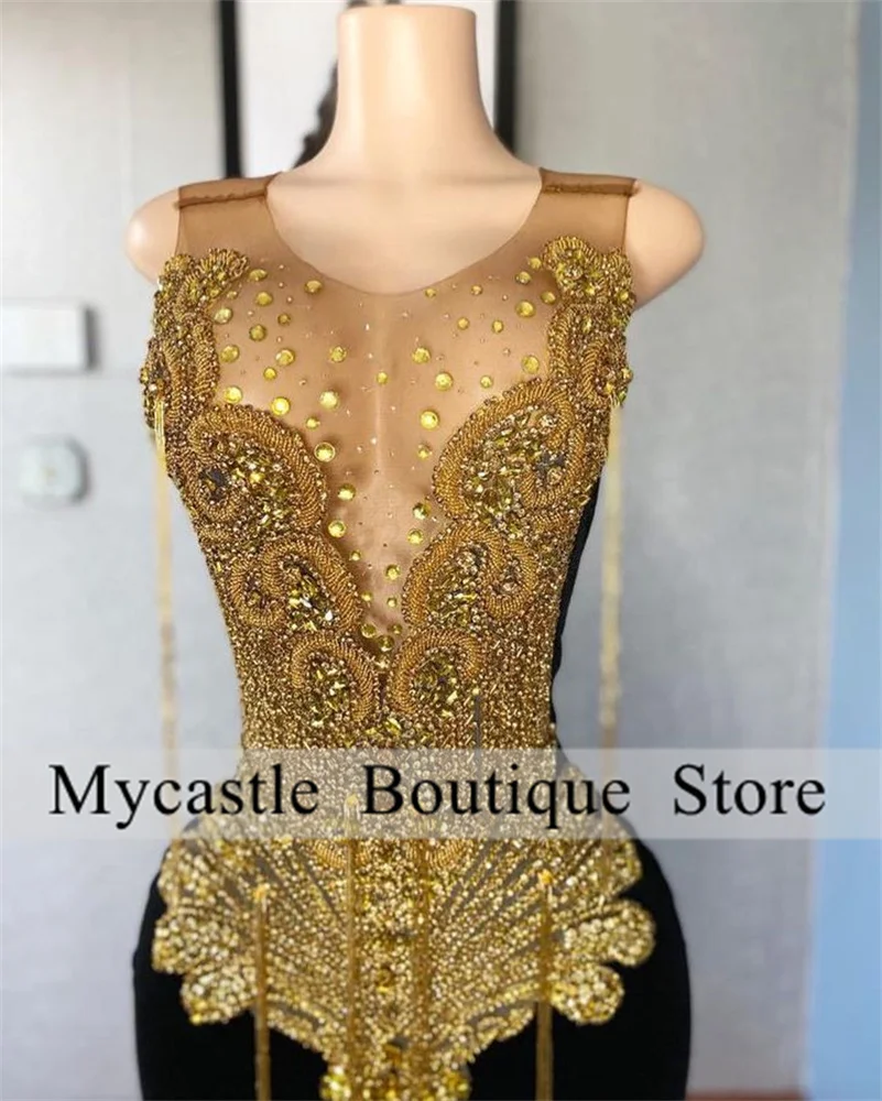 Luxury Rhinestones Prom Gowns 2025 For Black Girls Gold Beaded Crystal Birthday Party Dress Tassel Evening Dress Customized