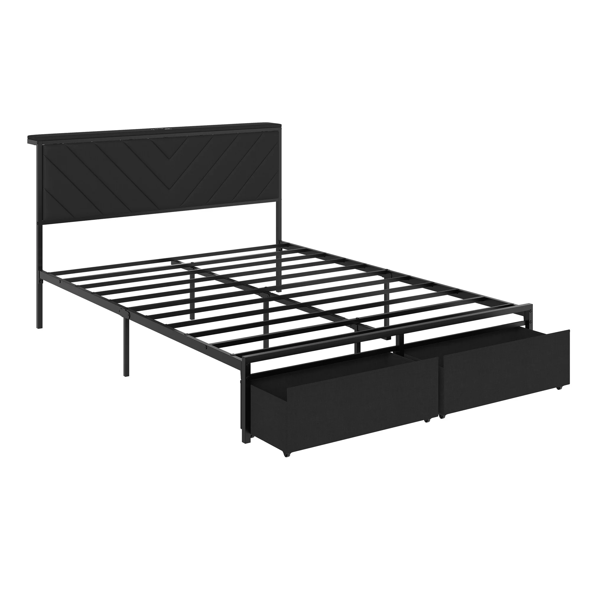 Upholstered Bed Frame with 2 Under-Bed Storage Drawers & Built-in Charging Station – No Box Spring Needed, Easy Assembly, Noise-Free Metal Platform for Apartment