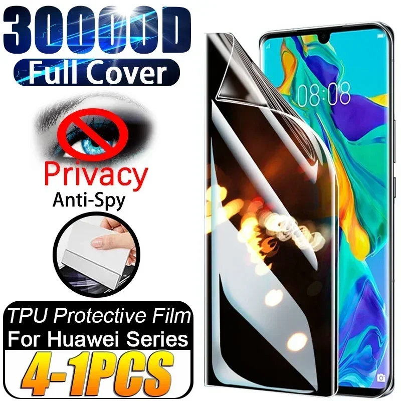 4PCS Película de hidrogel de privacidad para Huawei Mate 20 30 40 50 60 70 Air 80 Pro Max, película protectora de pantalla curva antideslumbrante