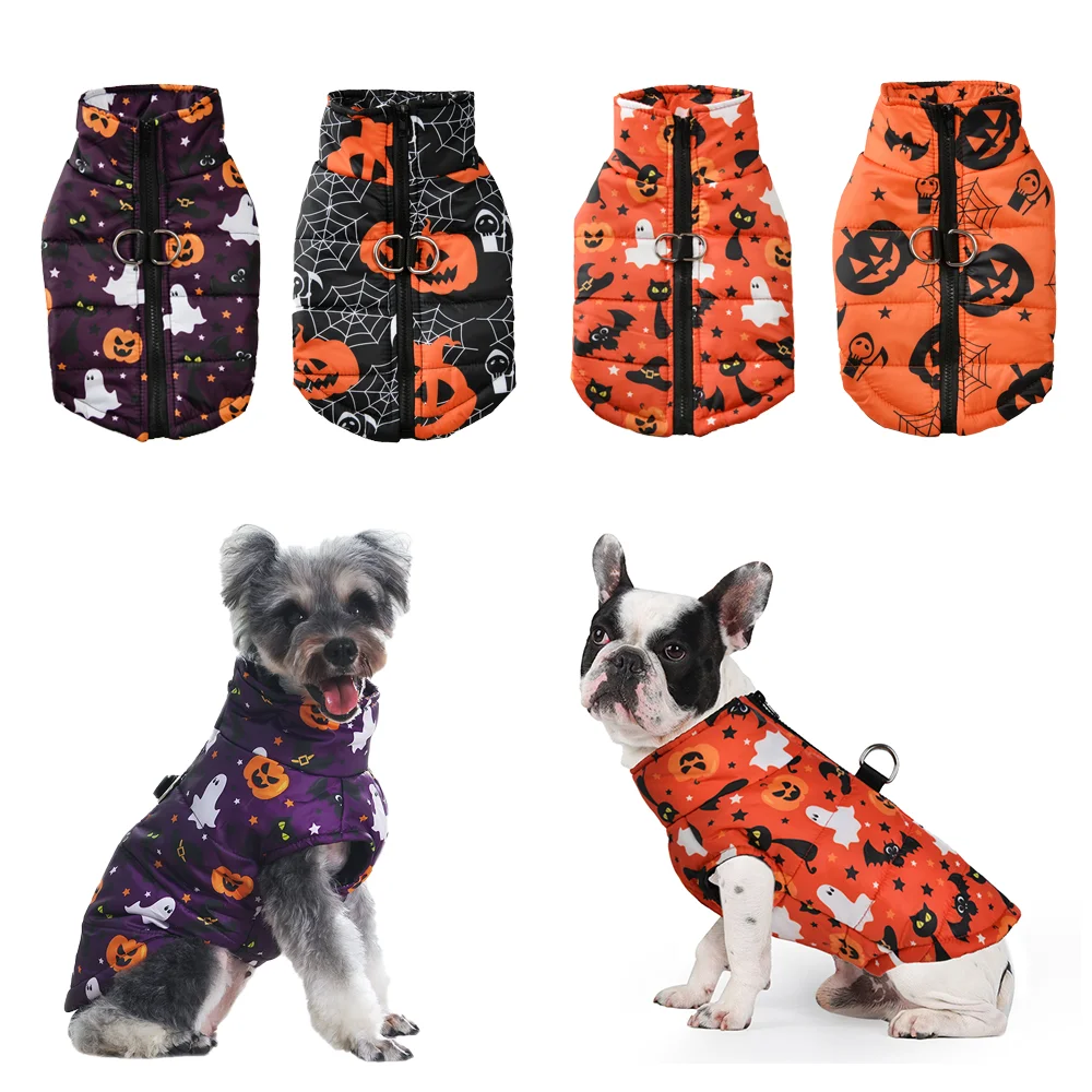 Halloween-Winter-Hundekleidung, wasserdichter Mantel, Welpenjacke für kleine und mittelgroße Hunde, Katzen, Kostüm, Kürbis-Print, Festival-Haustier-Outfits