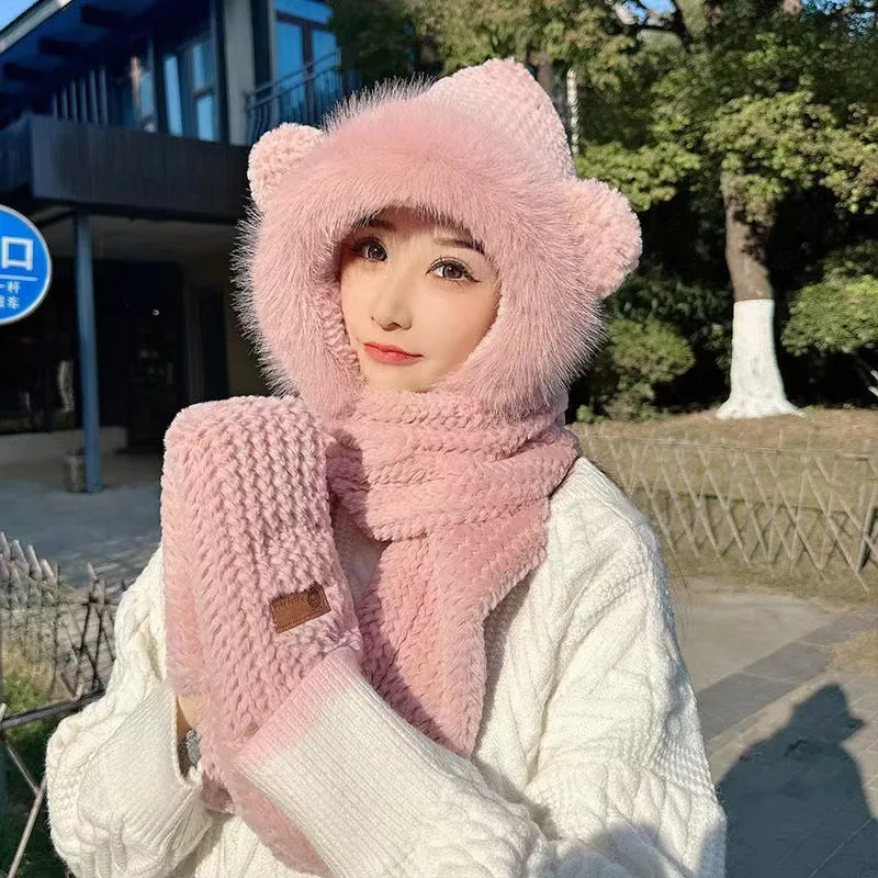 Orecchie carine autunnali e invernali, cappelli, guanti, set di tre pezzi sciarpa per donna, cappello caldo e versatile, set di peluche in un unico pezzo all'ingrosso