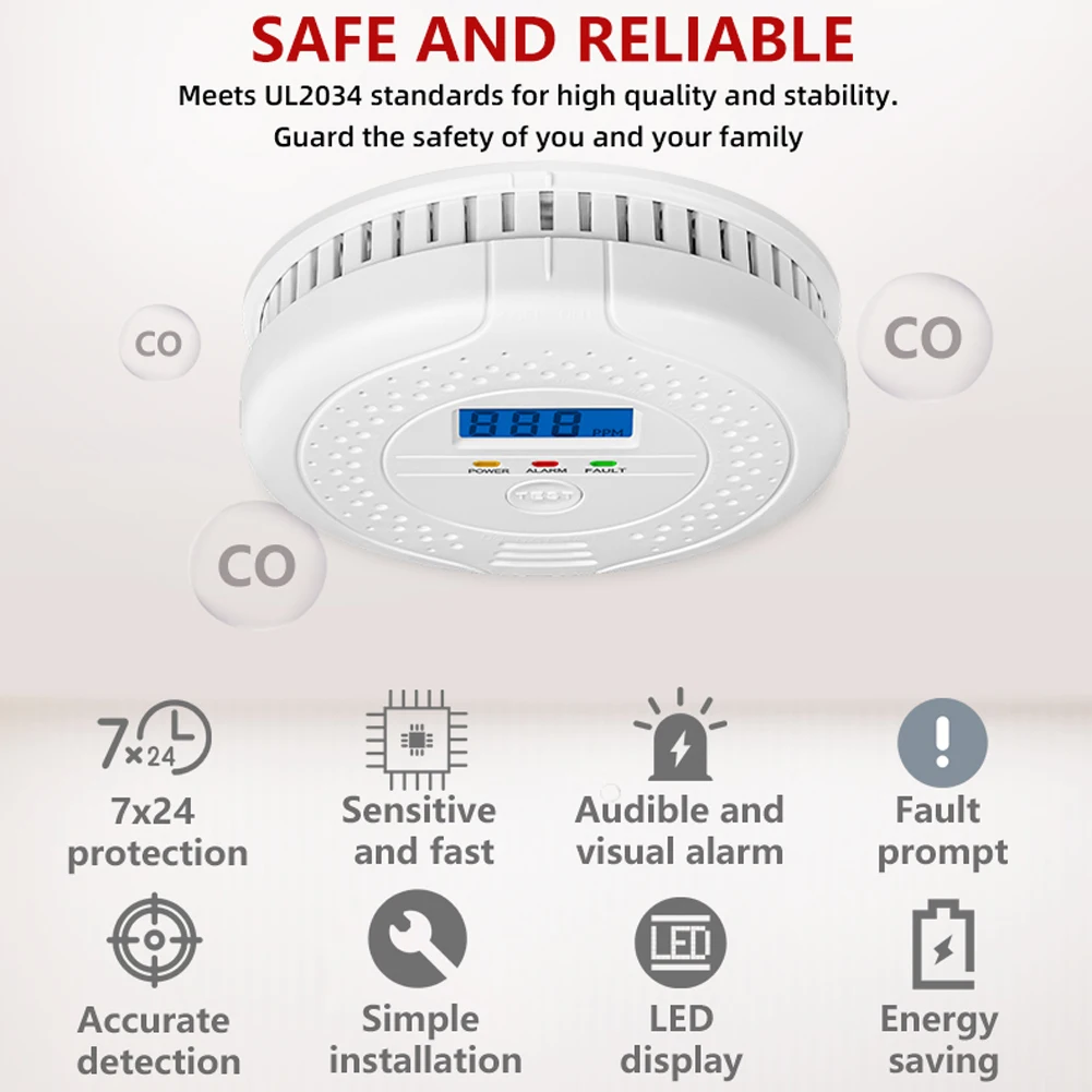 Digital CO Alarm Audible and Visual Alarm Battery Powered Warning Alarm Sensor Portable CO Detector for Home Warehouse