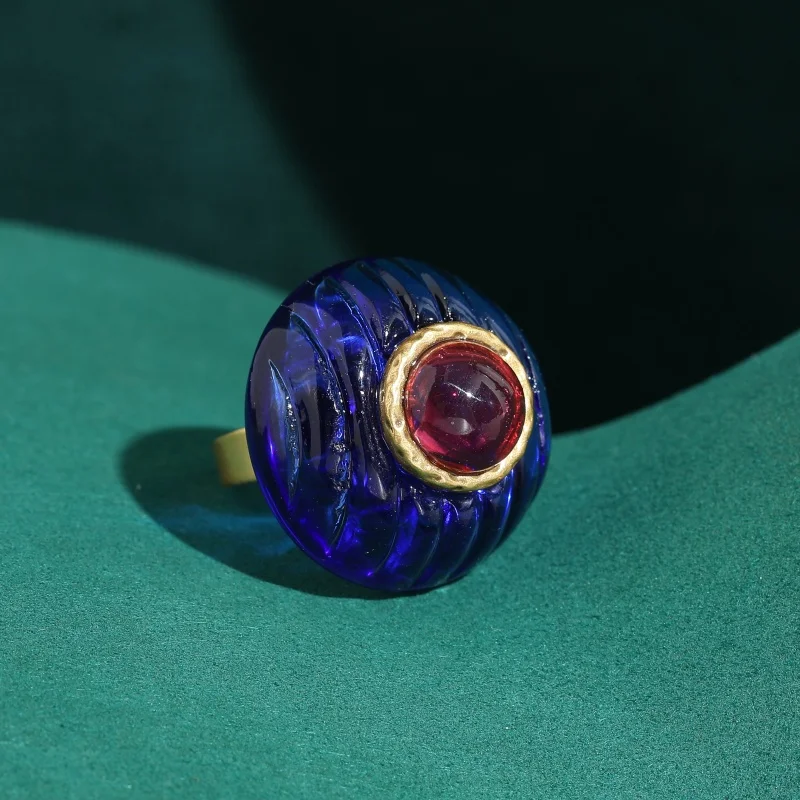 

Vintage Round Royal Blue Rings for Woman 2026 Glass Luxury Brand Designer Gold Plated High Quality Wedding Jewelry Bride Trends