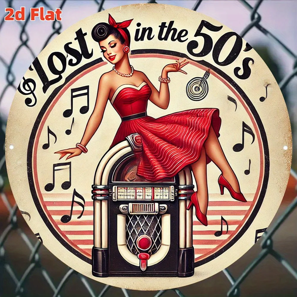 2D Vintage Metal Sign, Retro 1950s Rock Jukebox Wall Decor, Durable Indoor/Outdoor Hanging Ornament for Home, Music-Themed Round
