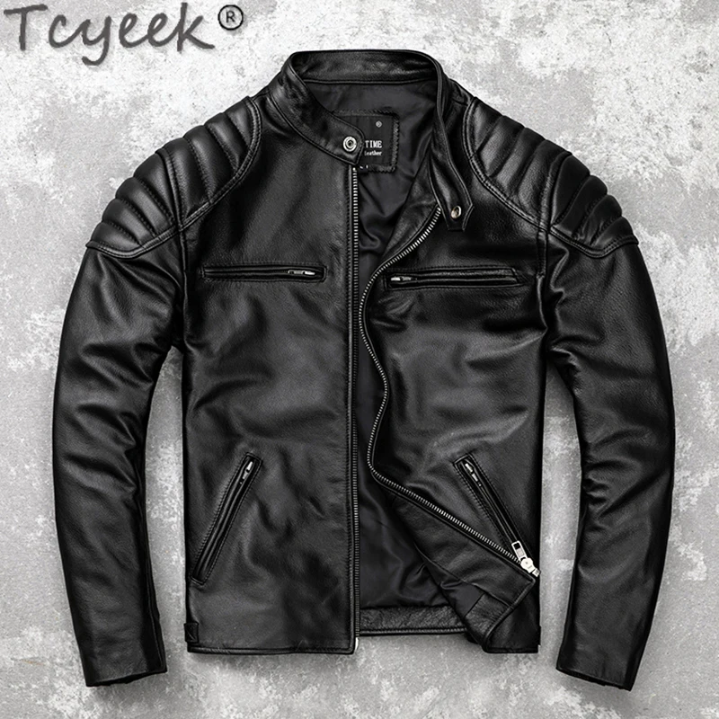 Tcyeek Genuine Leather Jacket Men Motocycle Jacket Top Layer Cowhide Coats Male Autumn Leather Coat Stand Collar Jaqueta Couro