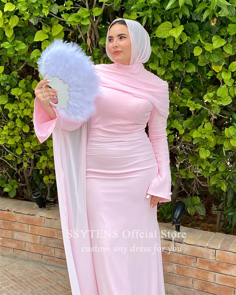 SSYTENS Modest Pink Formal Evening Dresses Muslim Arabic Women Long Sleeves Prom Gowns One Shoulder Special Occasion Party Dress