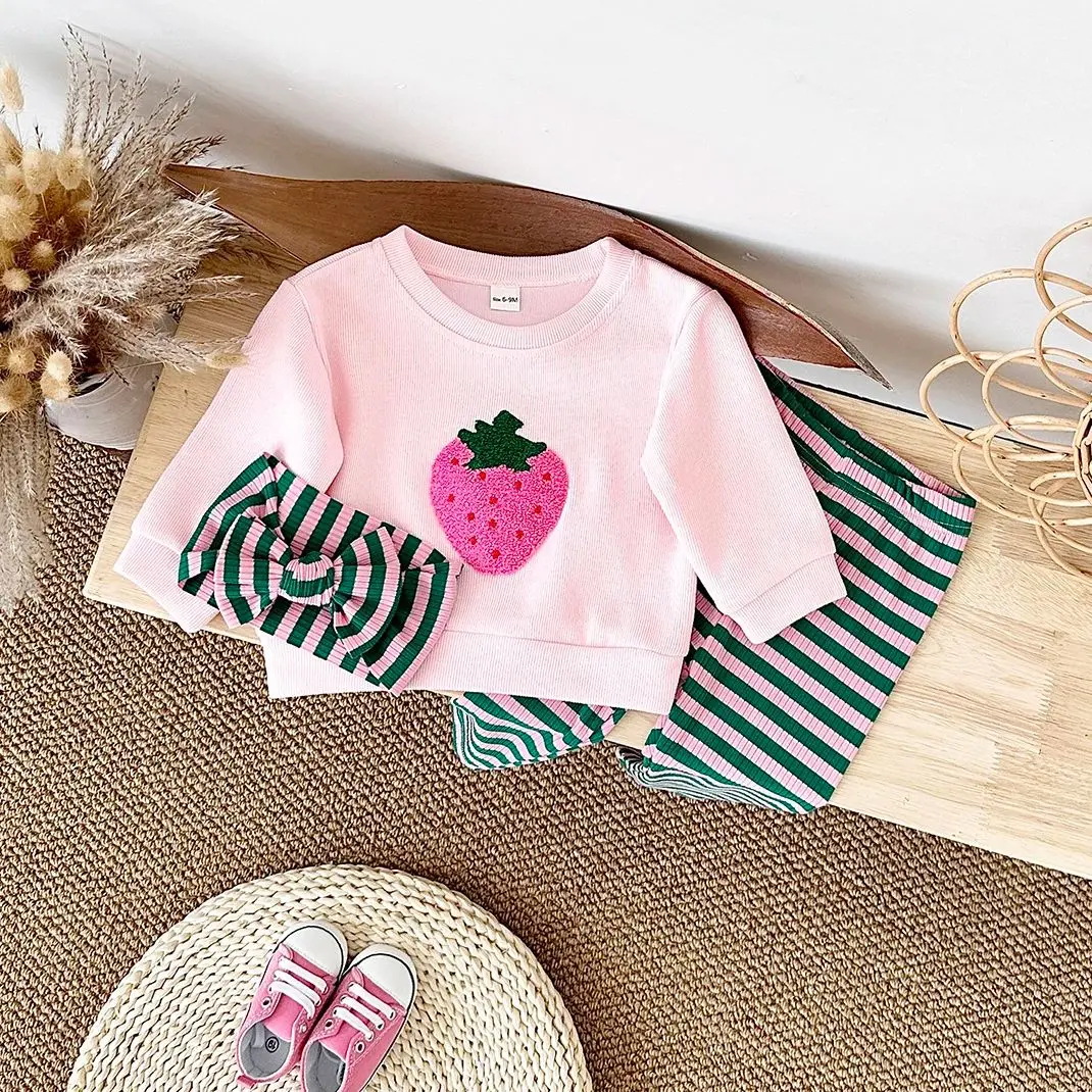 0-3Y Newborn Baby Clothes Autumn Cute Strawberry Embroidery Pullover Shirt Top+Cotton Striped Leggings Spring Girls Baby Sets