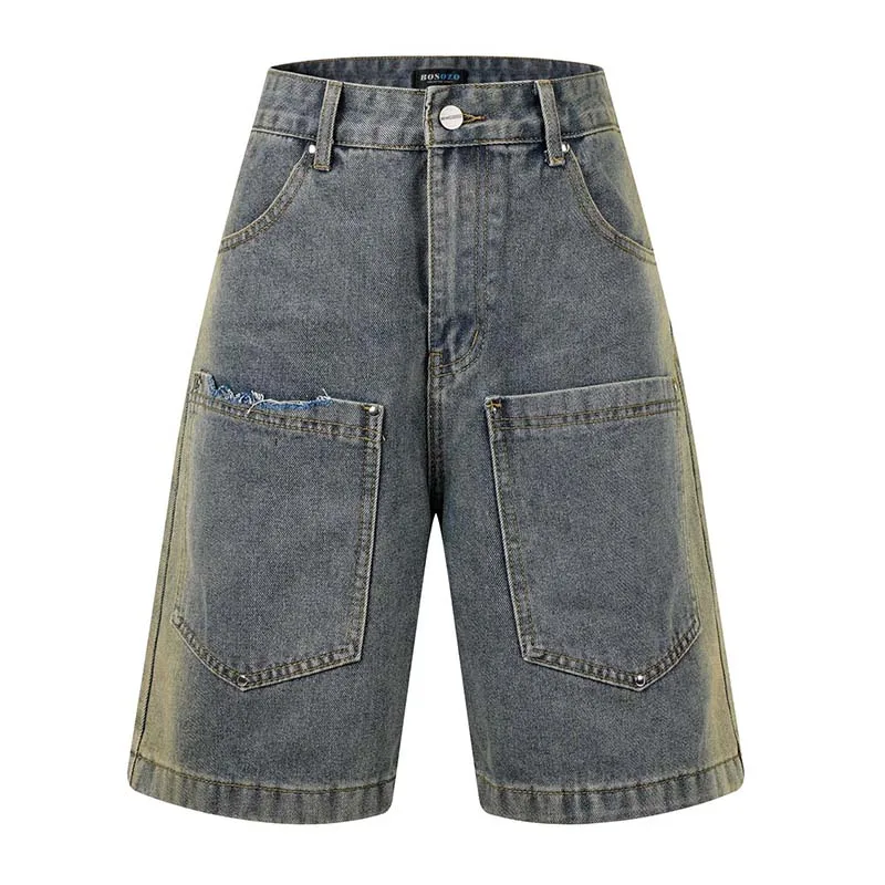 

Hi Street Vintage Front Pockets Denim Shorts Hip Hop Washed Straight Jeans Shorts For Male