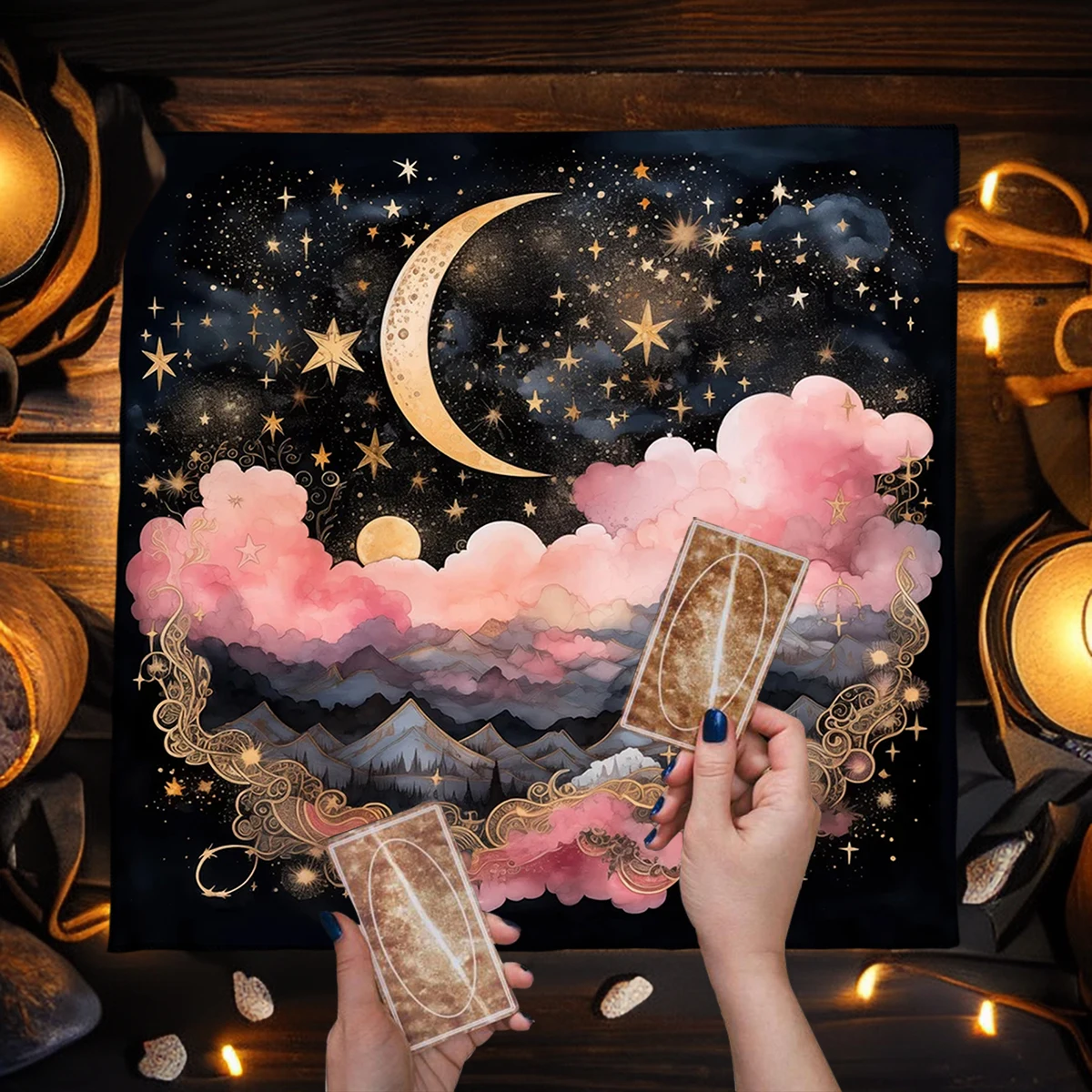 50/75/110/137cm Tarot mat Sun Moon Starry Sky Tarot Tablecloth Altar Cloth Pink Cloud Divination Witchcraft Astrology Oracle