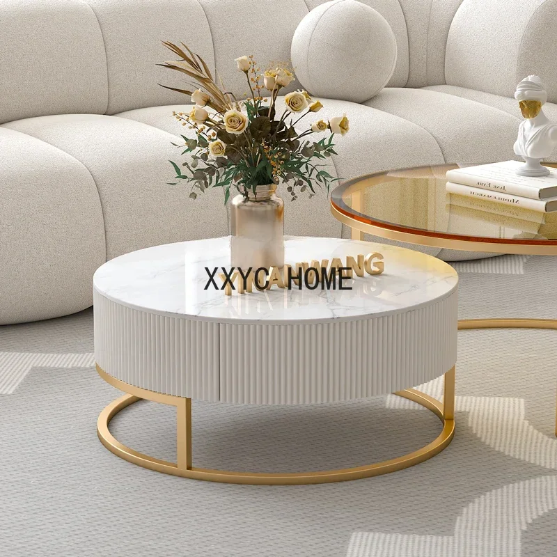 

Stone Plate Glass Coffee Table Modern Simple Home Small Apartment round Tea Table
