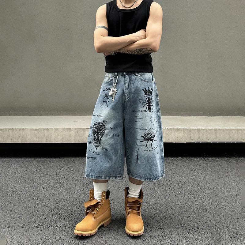 2026 Summer Men Washed Denim Capri Pants American Street Insect Graffiti Print Loose Straight Casual 7/8 Length Shorts