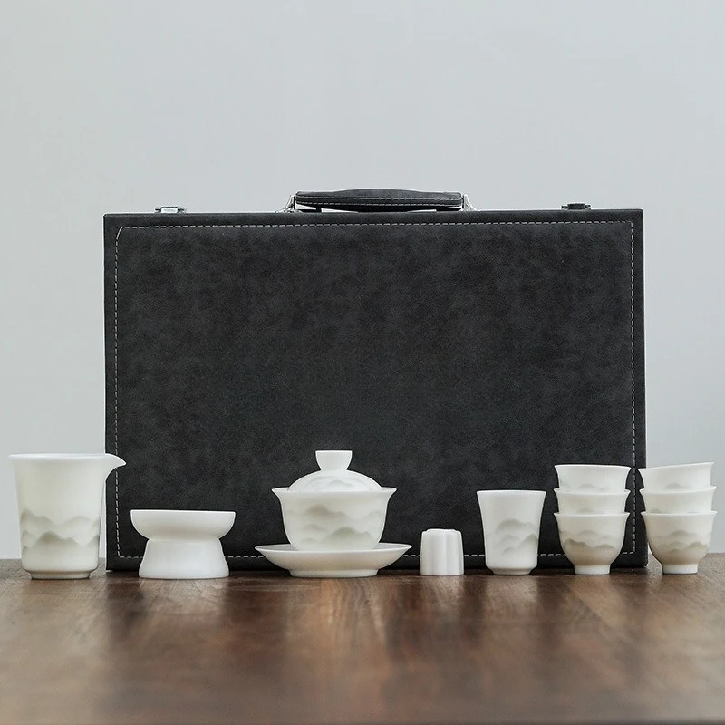 Ink suet jade kung fu tea set household cover bowl tea cup high-end gift set