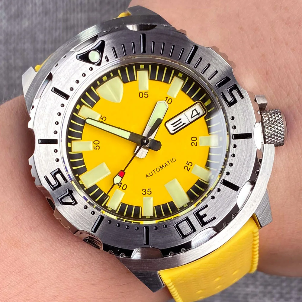 

42mm Tandorio 200M Diving AR Sapphire Crystal Monster Yellow Dial Japan NH36A Men Auto Watch 3.8 o'clock Day Display Lume Rubber