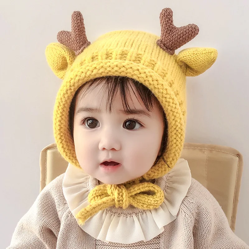 

Cute Antler Baby Knitted Woolen Hat Winter Warm Infant Ear Protection Cap Cartoon Toddler Beanie 5-24M Kids Tie Headgear Bonnet