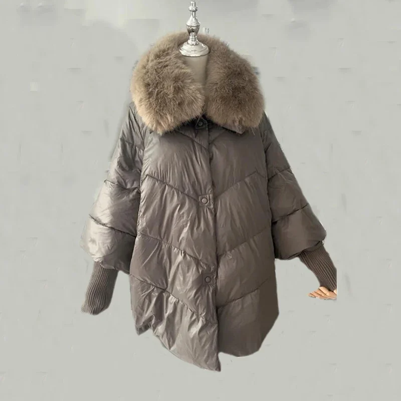 Winte White Down Duck Parka Big Fur Collar Cotton Padded Jacket Women Loose Puffer Coat Lightweight Poacket Female Outerwear