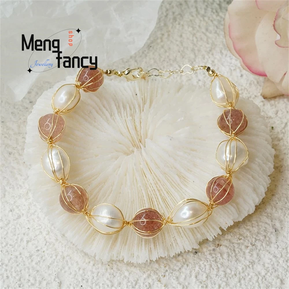 

New Natural Strawberry Crystal Bracelet Female Simple Fashion Pearl Strings Peach Blossom Girlfriends Hand Jewelry Holiday Gifts