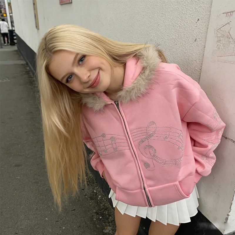 

Y2K Pink Fur Hooded Zip Up Hoodie for Women Rhinestone Music Note Oversized Sweatshirt Streetwear Harajuku Casual Jacket Y2K