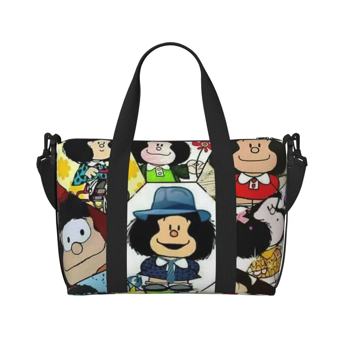 Custom Mafalda Collage Beach Tote Bag Women Extra Large Gym Carry On Cartoon Manga Quino Comic Travel Shopping Bags