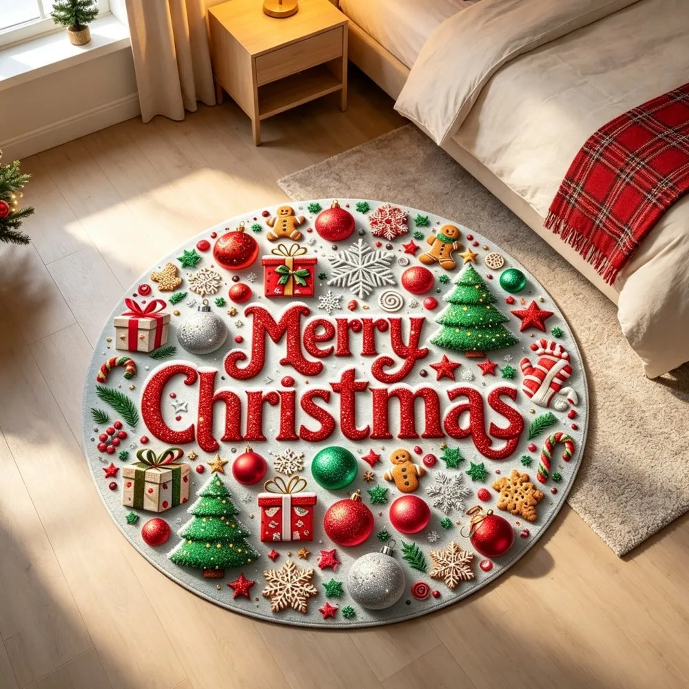 Merry Christmas Round Area Rug Xmas Tree Gift Box Ornament Gingerbread Floor Mat Carpet for Living Room Bedroom Decor